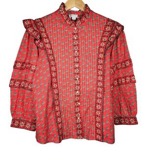 Sundance Womens Red Floral Ruffle Shoulder‎ Button Front Cotton Blouse Size M